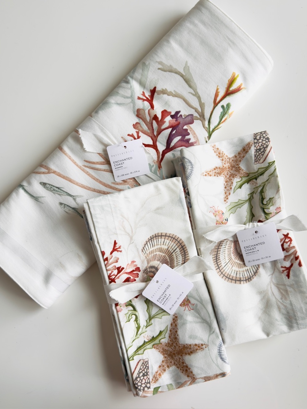Pottery Barn Enchanted Sea 100% Cotton Table Runner & 8 Napkins NWT Retail $155